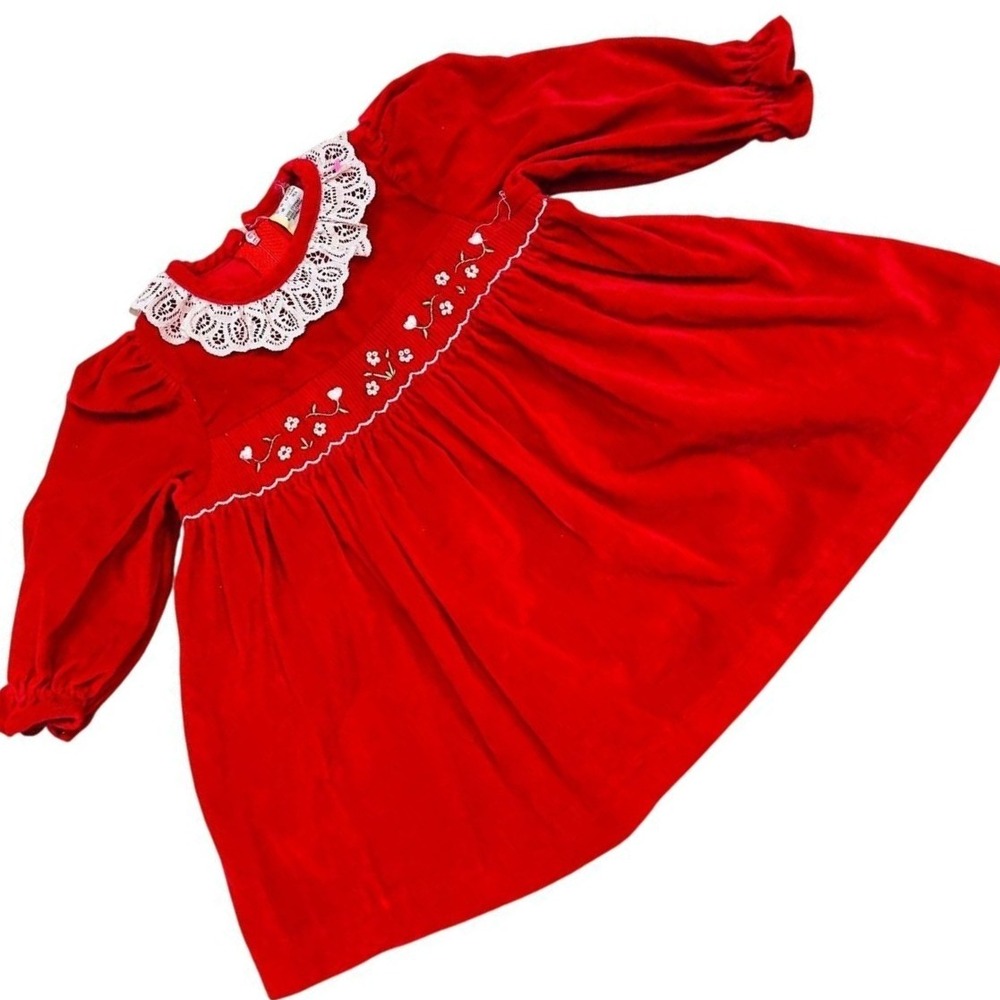 Vintage Velvet Dress Red Lace Collar Smocked Floral Baby Girl 12M Holiday